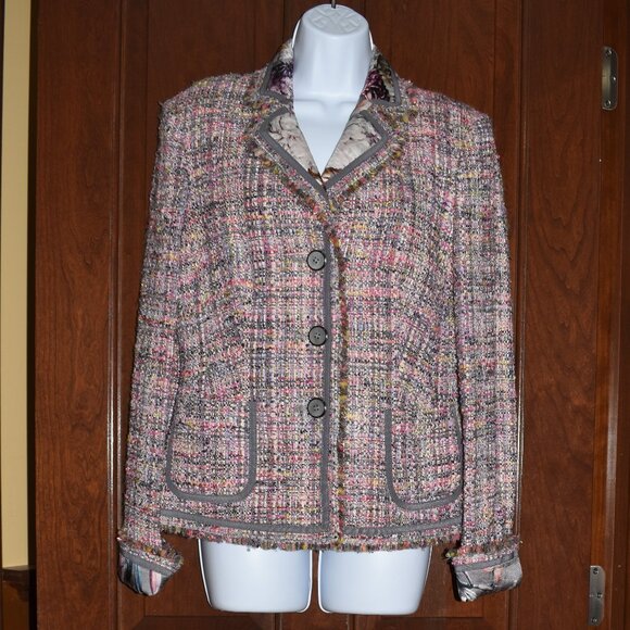 Basler Women’s Pink Gray Tweed Blazer Small-Medium Fun Vibrant Print Jacket - Picture 2 of 15
